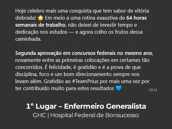 Depoimento de aluno aprovado em 1º lugar — Enfermeiro Generalista, GHC / Hospital Federal de Bonsucesso