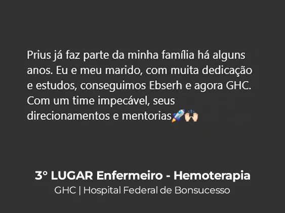 Depoimento de aluna aprovada em 3º lugar — Enfermeiro Hemoterapia, GHC / Hospital Federal de Bonsucesso
