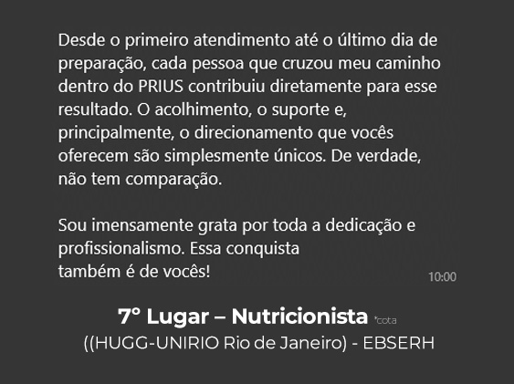 Depoimento de aluno aprovado em 1º lugar — Nutricionista, Curso Prius