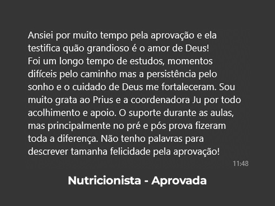 Depoimento de aluna aprovada em 3º lugar — Nutricionista, Curso Prius