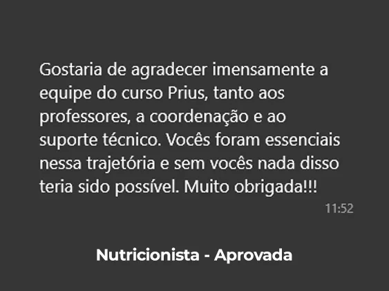 Depoimento de aluna aprovada em 3º lugar — Nutricionista, Curso Prius